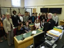 The Mayor of Hounslow, Councillor Paul Lynch with magistrate Val Clement-Adams and students from