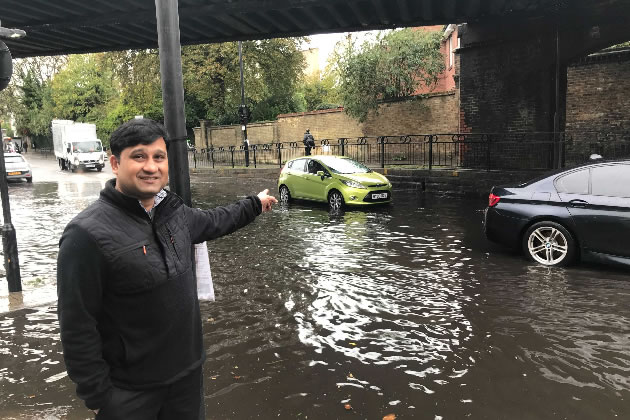 Asif Virani's car got stuck as water rose from the drains near Isleworth Station