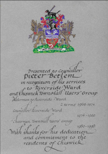 A certificate presented to Pieter Betlem by the Chiswick Town Hall User's Group 