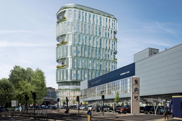 A CGI of Holly House viewed from Chiswick High Road looking west