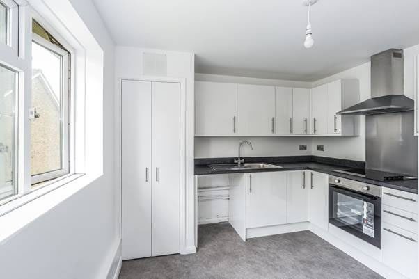 A kitchen with white cabinets 