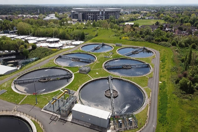 An aerial view of the Mogden sewage works in Isleworth