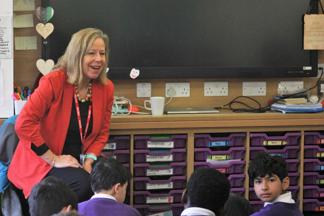 Ruth Cadbury MP talking to the pupils at St. Paul's school 