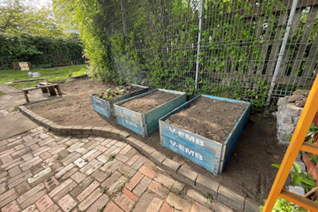 Raised fruit and veg beds built using recycled pallet collars